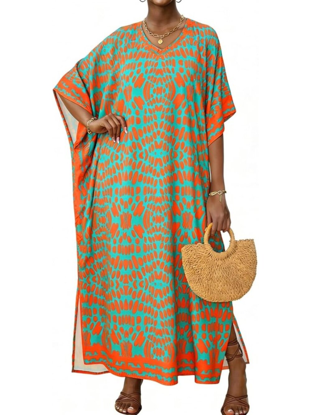 Women's Green Orange Plus Size V Neck Caftan Long Batwing Sleeve Cover Up